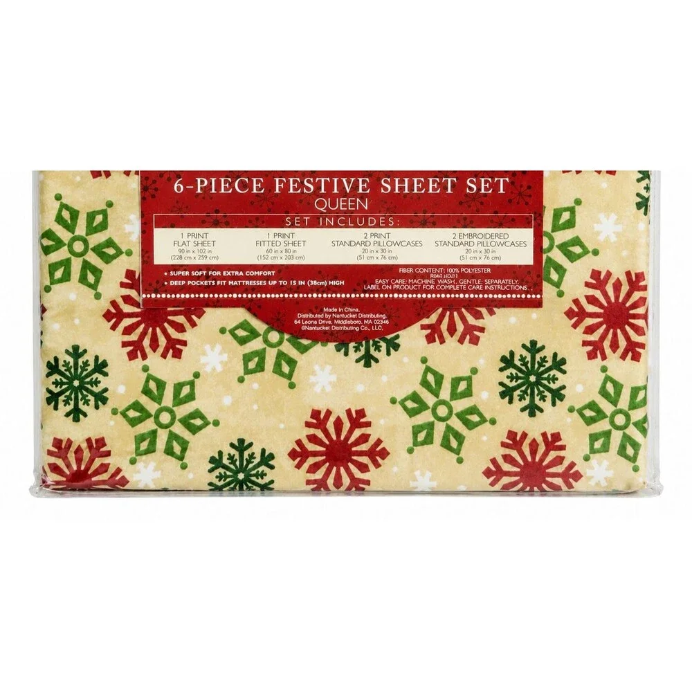 Debbie Mumm Christmas Queen Sheet Set Snowflake Flat Fitted 4 Pillowcases